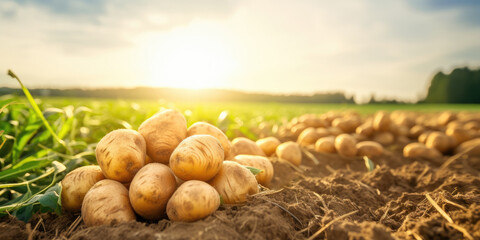 Freshly harvested potatoes in a field
