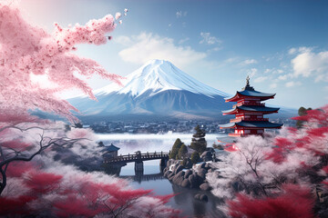 Fujiyoshida, Japan's picturesque landscape iconic Mount Fuji, framed by colorful cherry trees, Sakura season.