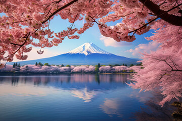 Fujiyoshida, Japan's picturesque landscape iconic Mount Fuji, framed by colorful cherry trees, Sakura season.