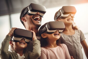 Happy Asian family using virtual reality headset with their kids at home.