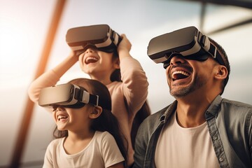 Happy Asian family using virtual reality headset  with their kids at home.