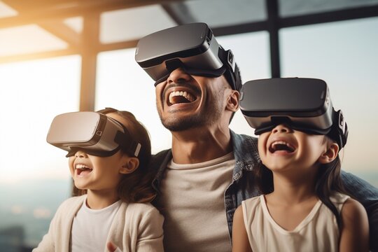 Happy Asian family using virtual reality headset  with their kids at home.