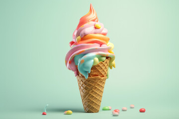 Ice cream in waffle cone with colorful topping sprinkles isolated on pastel green copy space background, Cute adorable Ice cream cone. AI Generate