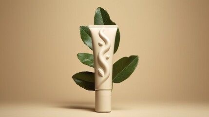 Cream tube filled with BB cream with a sprig of leaves. AI generated - obrazy, fototapety, plakaty
