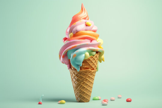 Ice cream in waffle cone with colorful topping sprinkles isolated on pastel green copy space background, Cute adorable Ice cream cone. AI Generate