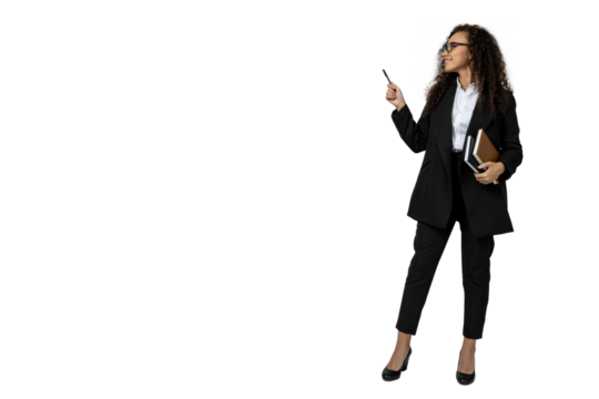 A girl in a black suit with notebooks, isolated on white background