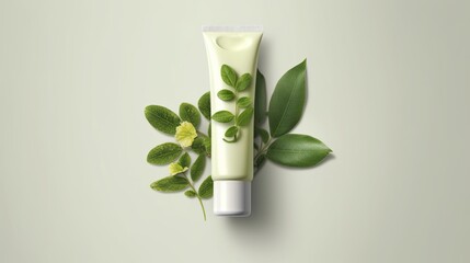 Cream tube filled with nourishing hand balm with a sprig of leaves. AI generated
