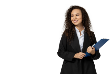 A girl in a black suit, isolated on white background
