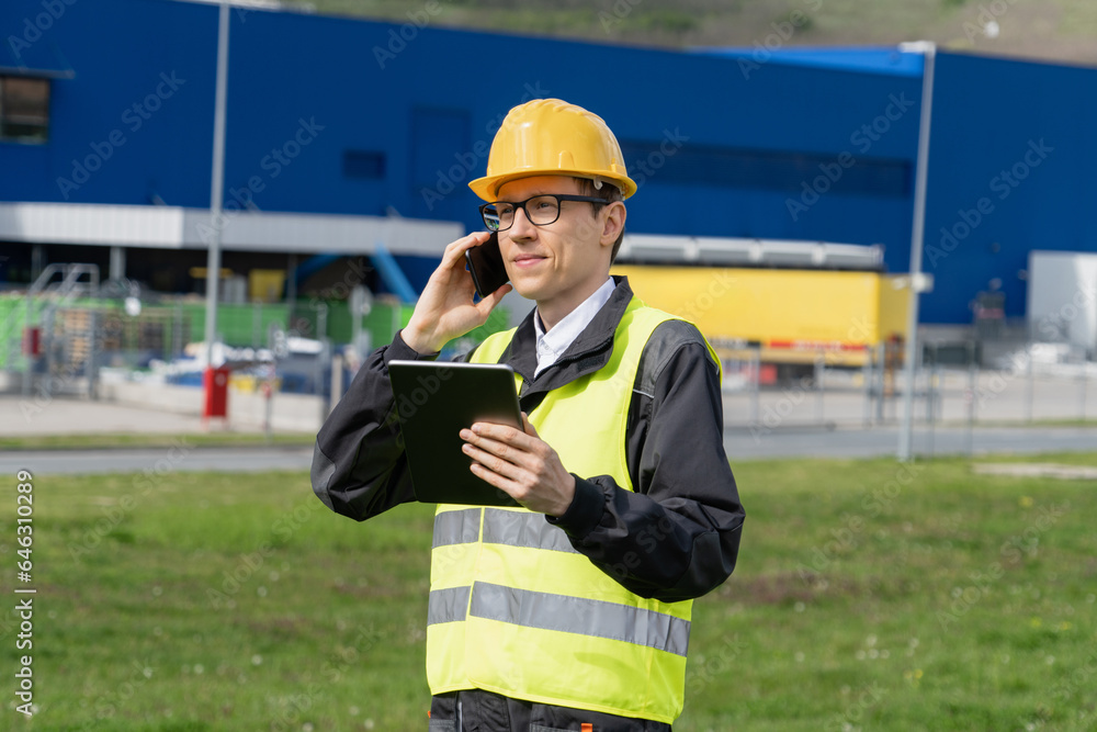 Aufkleber Logistician with phone and digital tablet on a background of logistic center.