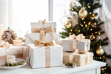 wrapping paper and christmas presents on a white wooden table