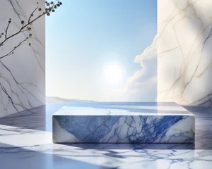 Foto op Canvas Beautiful blue summer landscape with clean cloudy sky marble stone minimalist scandinavian empty table mockup for product display copy space banner © escapejaja