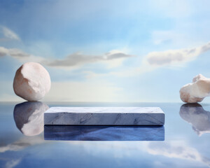 Beautiful blue summer landscape with clean cloudy sky marble stone minimalist scandinavian empty table mockup for product display copy space banner
