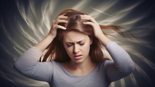 In a photographic blur, a woman's ordeal with vertigo, dizziness, or a neurological or inner ear disorder is evident..