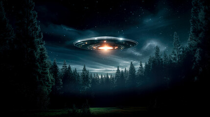 UFO or UAP flying in the sky above the woods - UFO sighting concept