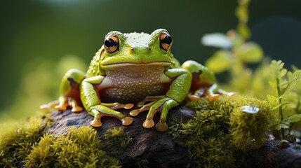 Tree Frog, on a green leaf with a background of trees around it