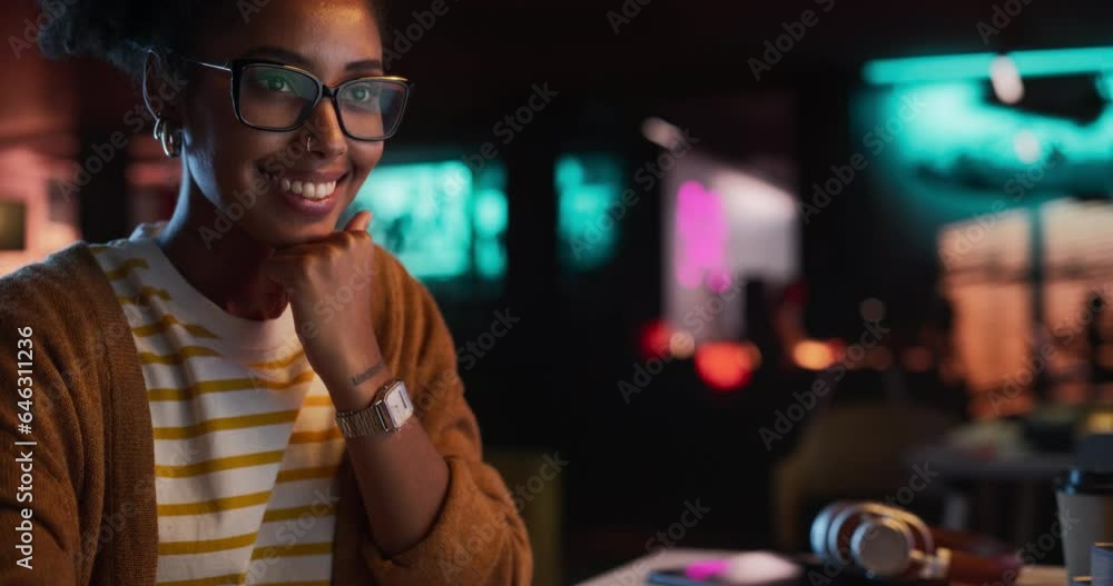 Aufkleber close up portrait of young black businesswoman in creative agency, smiling and computer at office in