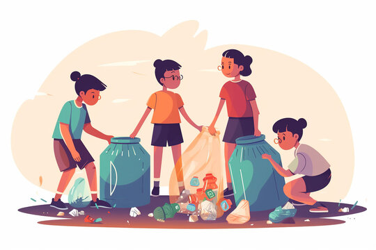 Children Help Collect Plastic Bottles In Recycling bins