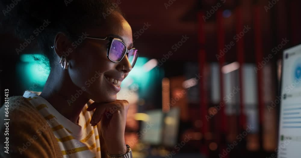 Poster Portrait of a Beautiful Happy Female Using Desktop Computer, Analysing Data, Thinking and Solving Problems. Black Project Manager Working in Creative Agency, Reviewing Marketing Strategy