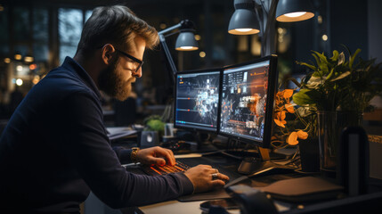 Engineer beard man working on desktop computer, screen showing CAD software with technical blueprints.