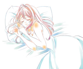 悲しい表情で眠る女性　涙