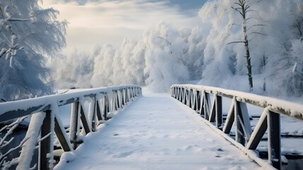 Snowy, wooden bridge in a winter day.