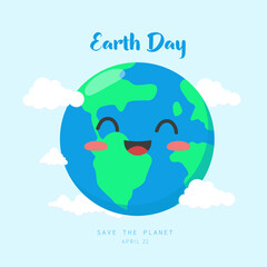 Happy Earth Day. Earth, blue-green globe with clouds. Kawaii style. Flat design.