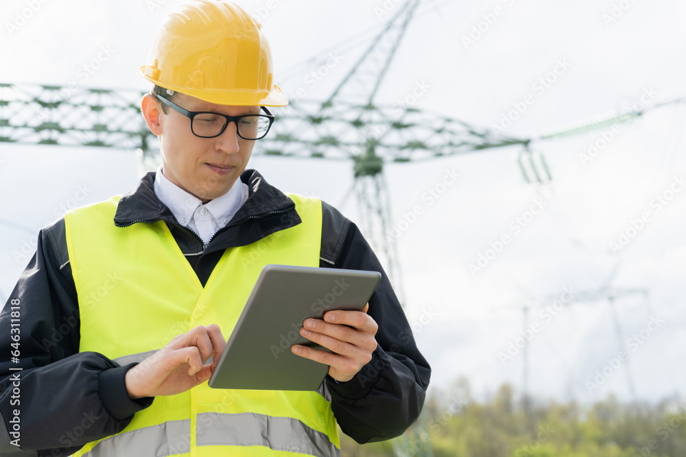 Aufkleber Engineer with digital tablet on a background of power line tower.
