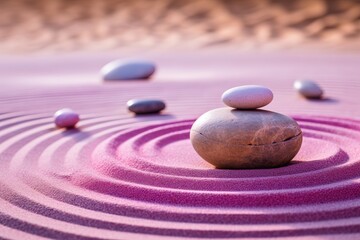 Fototapeta na wymiar Pink Sand, Zen Rings, and Smooth Sea Stones - Background Texture