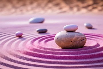 Fotobehang Pink Sand, Zen Rings, and Smooth Sea Stones - Background Texture © Nick Alias