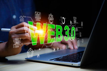 Web3.0 concept. man working using smartphone web3.0 with globe on Futuristic virtual screen...
