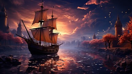 Obraz premium Enchanting Fairyland with Castles by the River and Sailing Ship - Illustration