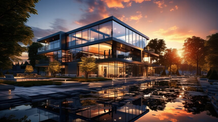 Modern office building exterior at sunset with reflection in water.