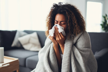  Portrait of African American woman blowing her nose, she has a sneeze and she is at home.
