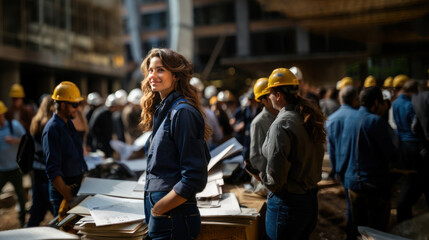 Architects and engineers working on a construction site. Selective focus on woman. - obrazy, fototapety, plakaty
