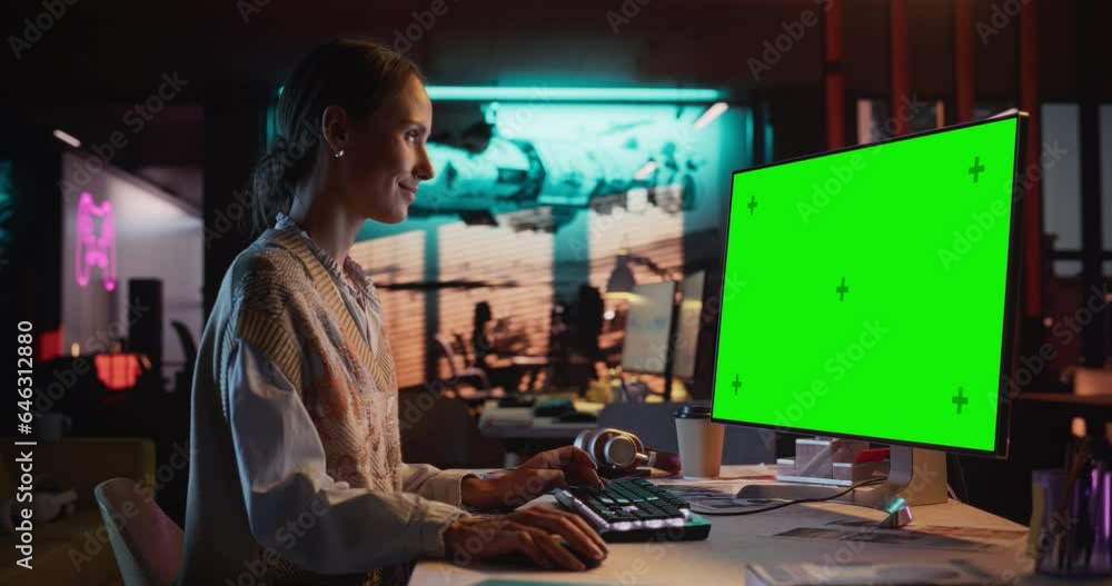 Poster Portrait of Caucasian Female Working in Creative Agency, Implementing Modern Business Strategy for Clients. Successful Specialist Using Desktop Computer with Green Screen Mock Up Display