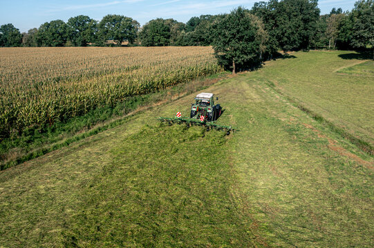 Bad Zwischenahn, Germany, 07.09.2023. Harvesting and drying hay. The grass tedder turns freshly cut grass. Drone photo.