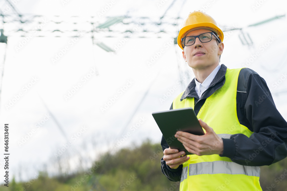 Poster Engineer with digital tablet on a background of power line tower.
