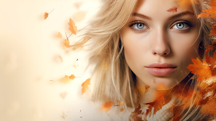 woman autumn not close-up portrait, beautiful eyes, leaves