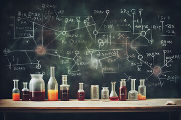 Detailed chemical equations scribbled on a chalkboard with evidence of chalk smudges and erasures, showcasing the process of academic problem solving - obrazy, fototapety, plakaty