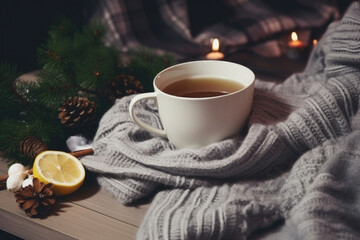 Obraz na płótnie Canvas Cup of hot aromatic tea with lemon