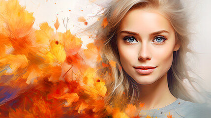 woman autumn not close-up portrait, beautiful eyes, leaves