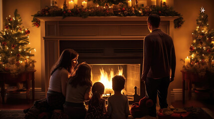 Family silhouette by glowing fireplace