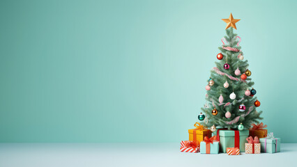 Simple Christmas tree and presents on light blue
