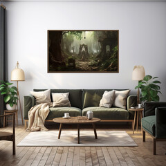A living room with a canvas poster