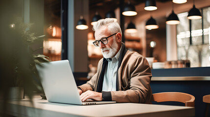 Fototapeta premium Senior man with gray hair and a beard works at a laptop computer in a cafe at the table. An active pensioner uses a computer.