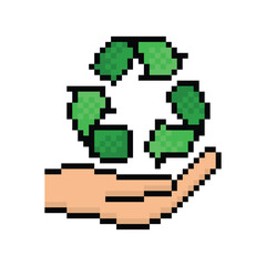 Obraz premium pixel hand holds recycling sign icon. eco ecology sign recyclel art icon vector 8 bit game 