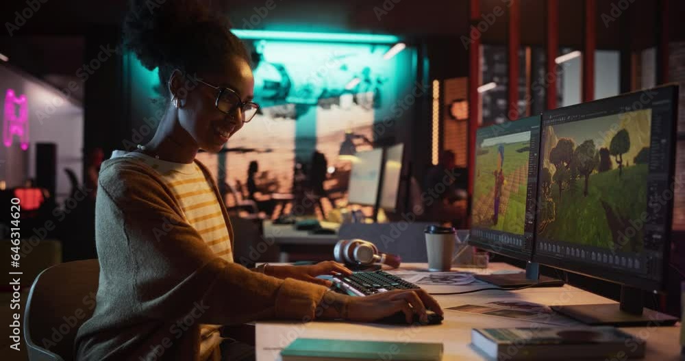 Poster Portrait of Female Video Game Designer Working on a New 3D Level on Desktop Computer in Creative Office. Black Focused Woman Creating Metaverse and Adding Details to a Game Environment