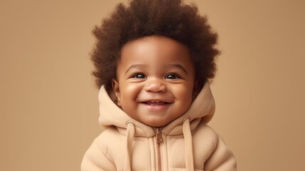 A studio portrait of a smiling afro newborn in neutral clothing. Generative AI