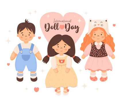 Holiday Children Day card. Kids doll toys. Cute girls with hairstyle in dress and funny boy in blue overalls. Vector illustration. Holiday card in cartoon style
