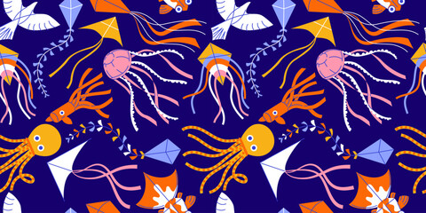 Naklejka premium Seamless pattern with Cartoon kites in sky on dark blue. Trendy colourful vector Hand Drawn illustration. Wind flying toy with ribbon and tail for kids. Makar Sankranti. 